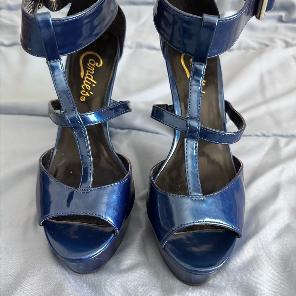 Candie's Shiny Navy Blue Patent T-Strap Platform Heels